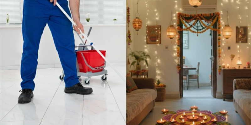 A man preparing to clean the house before Diwali, surrounded by brooms, dusters, and cleaning supplies.