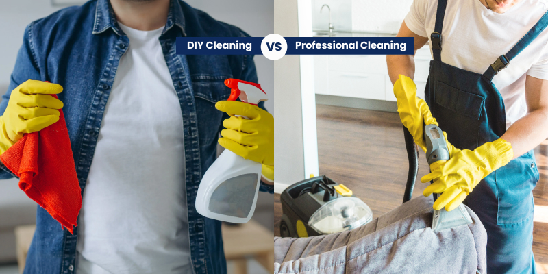 A man wearing gloves is holding spray and cloth for cleaning, and professional equipment is also used for cleaning the furniture at home.
