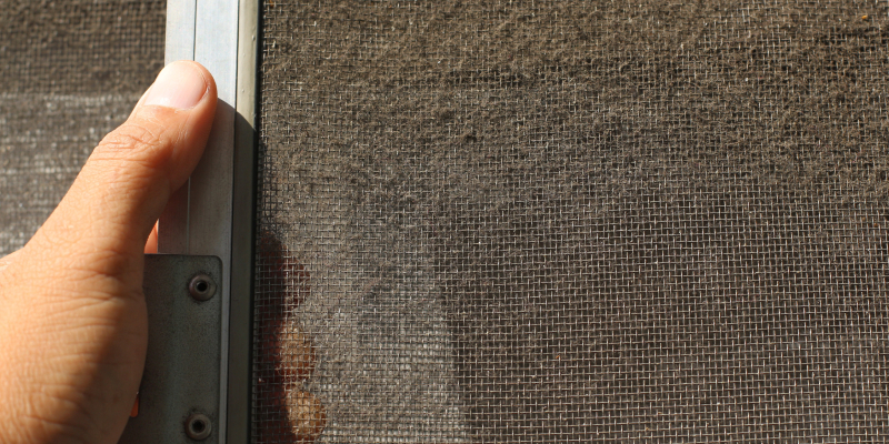 Hand holding dirty metal mesh for window mosquito net maintenance tips.